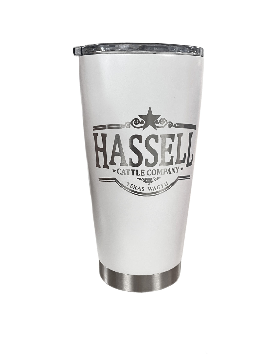 Sleek white 20oz insulated tumbler from Hassell Cattle Company, perfect for keeping beverages hot or cold on the go.