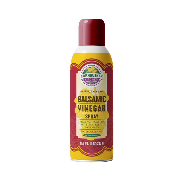 Cornhuskers Kitchen Balsamic Vinegar Spray, a convenient spray bottle of high-quality balsamic vinegar for easy, precise application in cooking, salads, and more.