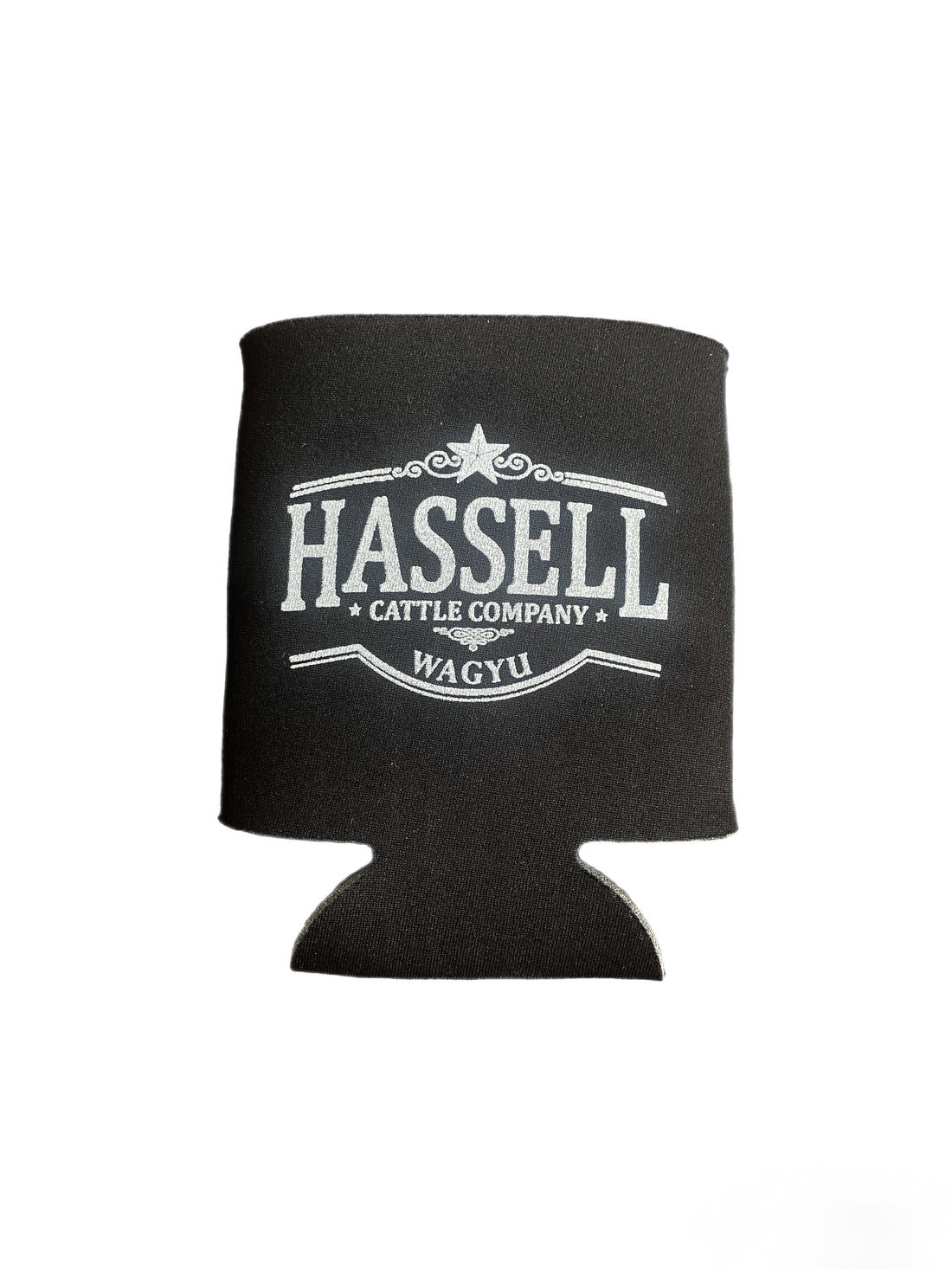 Hassell Cattle Company Koozie, a sleek and durable drink holder featuring the Hassell logo, perfect for keeping your beverages cold.