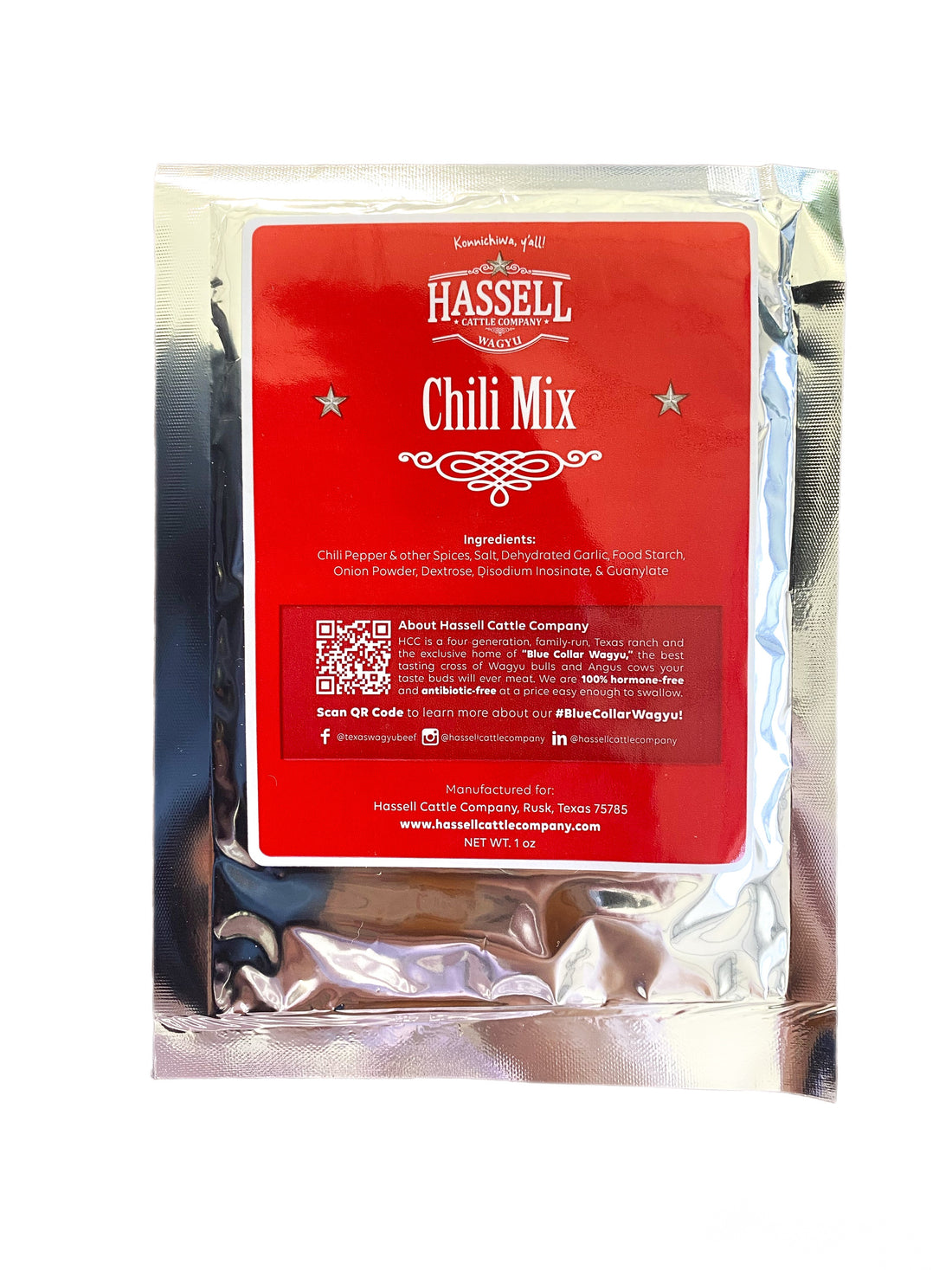 Package of Hassell Cattle Company Chili Seasoning, a blend of robust spices crafted for the perfect chili, delivering bold and savory flavor in every bite.