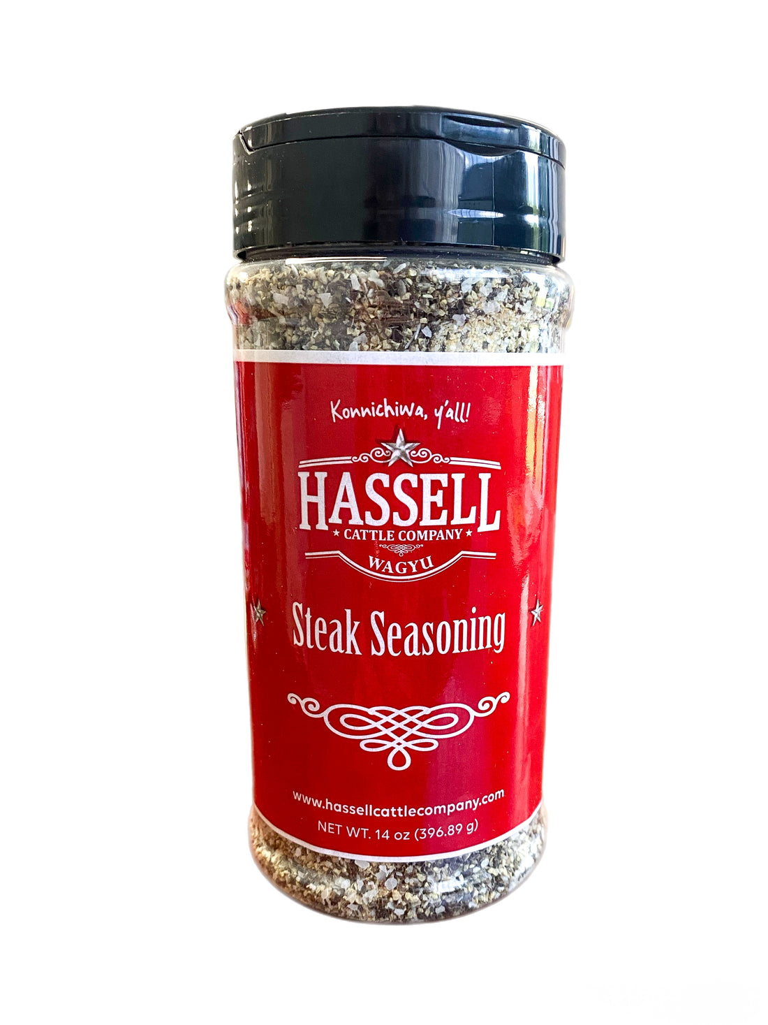 A bottle of Hassell Cattle Company Steak Seasoning, crafted to enhance the flavor of your favorite cuts of beef.