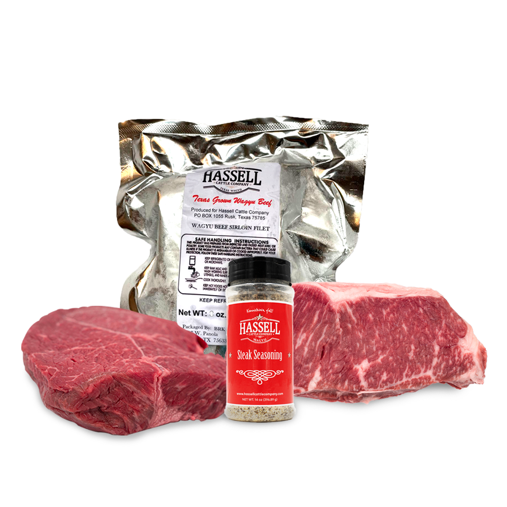 Hassell Cattle Company Great American Steakout – a premium selection of 8 sirloin steaks, 2 New York strips, and Hassell Cattle steak seasoning, perfect for grilling.