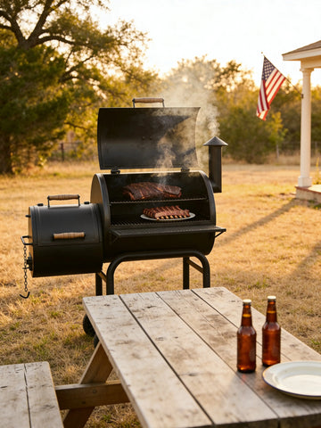Memorial Day backyard scene — offset smoker with brisket and plate short ribs on the grates, weathered picnic table foreground, American flag on porch