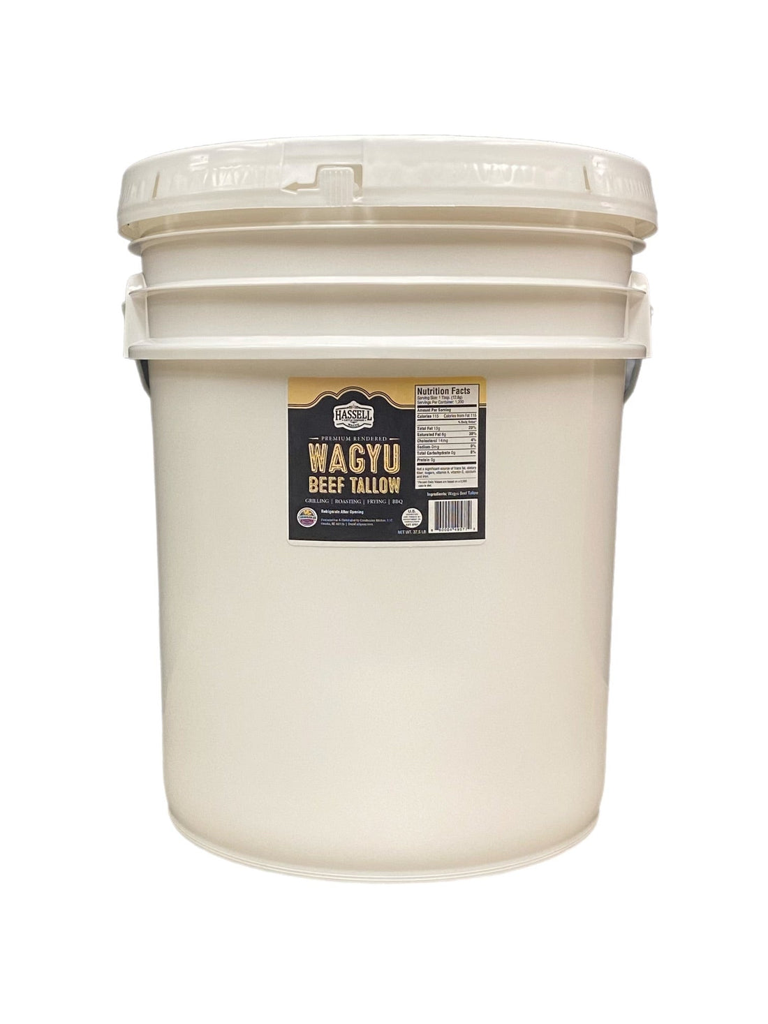 Premium Wagyu tallow from Hassell Cattle Company, available in 14oz jars, 1.5lb tubs, and 37lb buckets, perfect for cooking, frying, or adding rich flavor to your dishes.