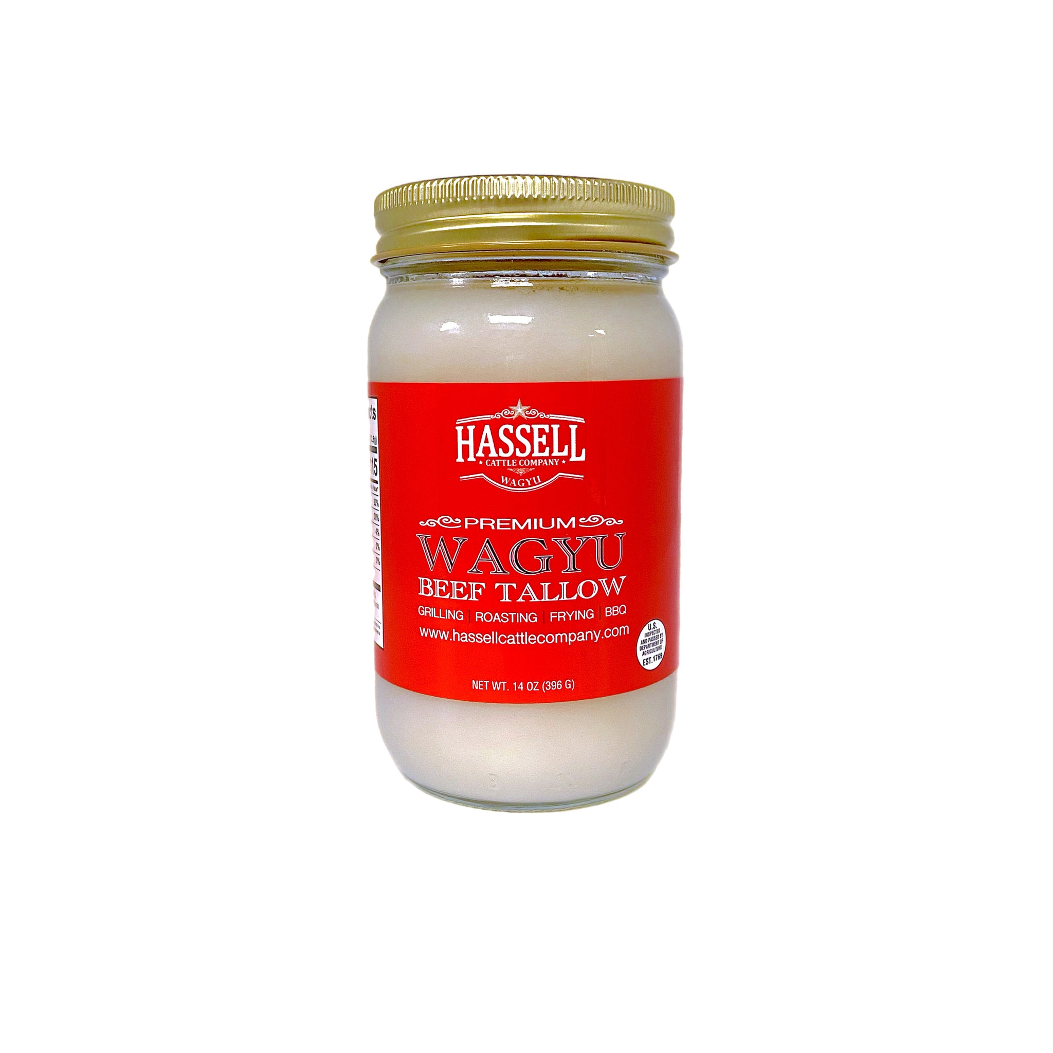 Premium Wagyu tallow from Hassell Cattle Company, available in 14oz jars, 1.5lb tubs, and 37lb buckets, perfect for cooking, frying, or adding rich flavor to your dishes.