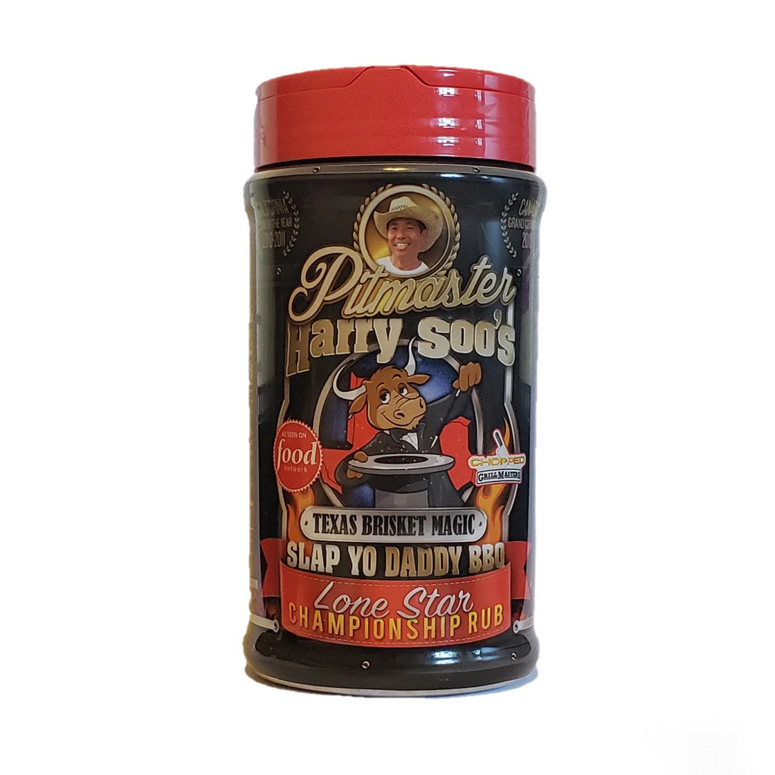 A bottle of Slap Yo' Daddy Texas Brisket Magic Lone Star Rub, featuring a vibrant label with bold text, filled with a rich-colored seasoning blend, set against a clean, neutral background.