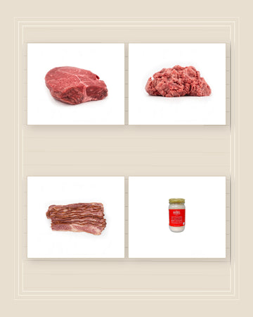 Gold Sirloin, ground Wagyu, Wagyu beef bacon, and Wagyu tallow for the Backyard Sirloin and Burger Pack