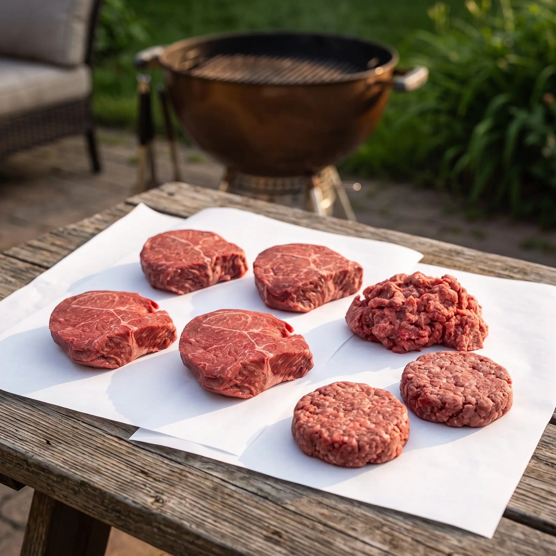 Gold Sirloins, ground Wagyu, and burger patties on butcher paper for the Backyard Sirloin and Burger Pack