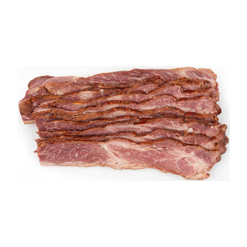 Close-up of Hassell Cattle Company Beef Bacon, showcasing thick, juicy slices with rich marbling and a savory golden-brown crisp.