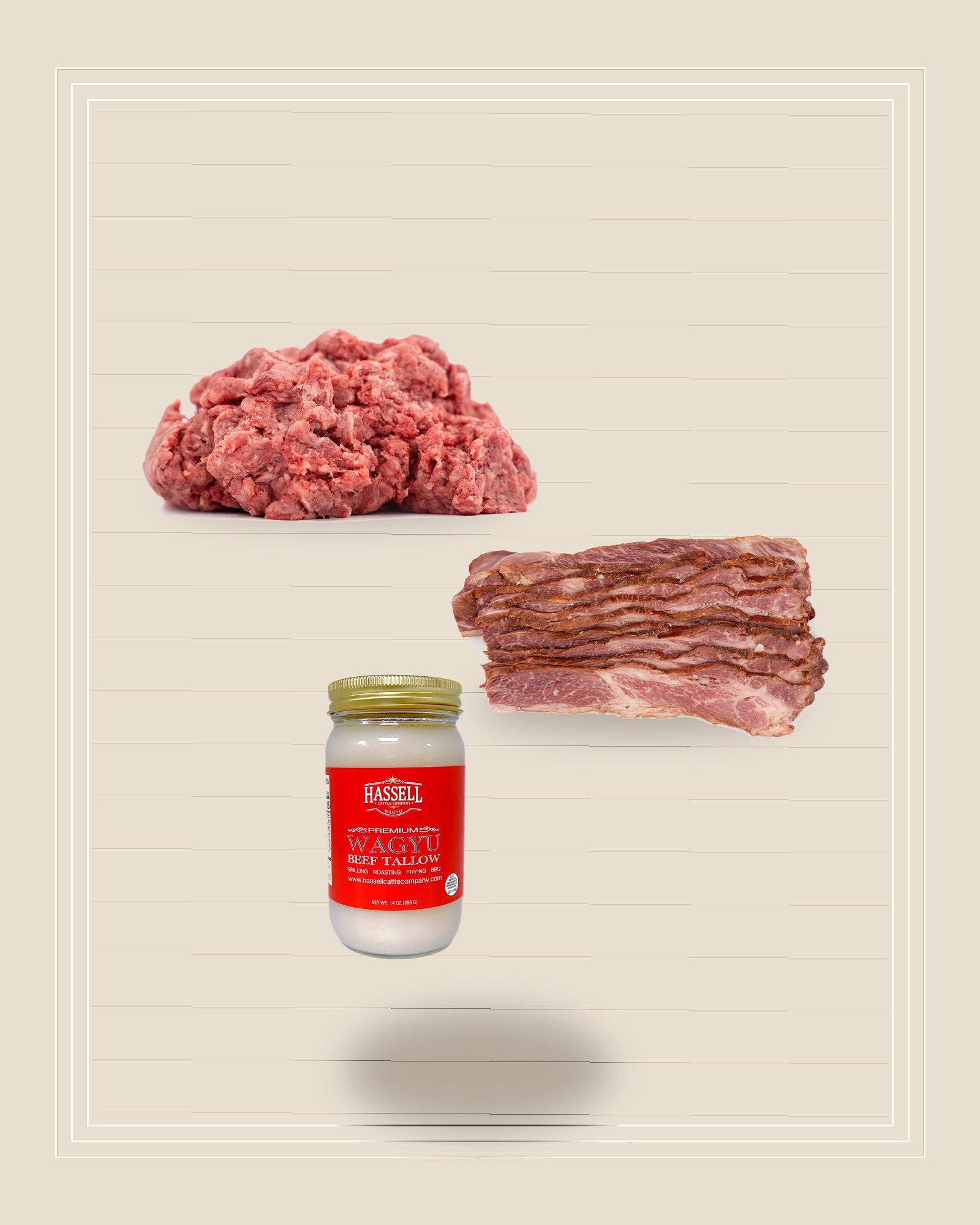 Ground Wagyu, Wagyu beef bacon, and Wagyu tallow arranged for the Burger Finish Pack