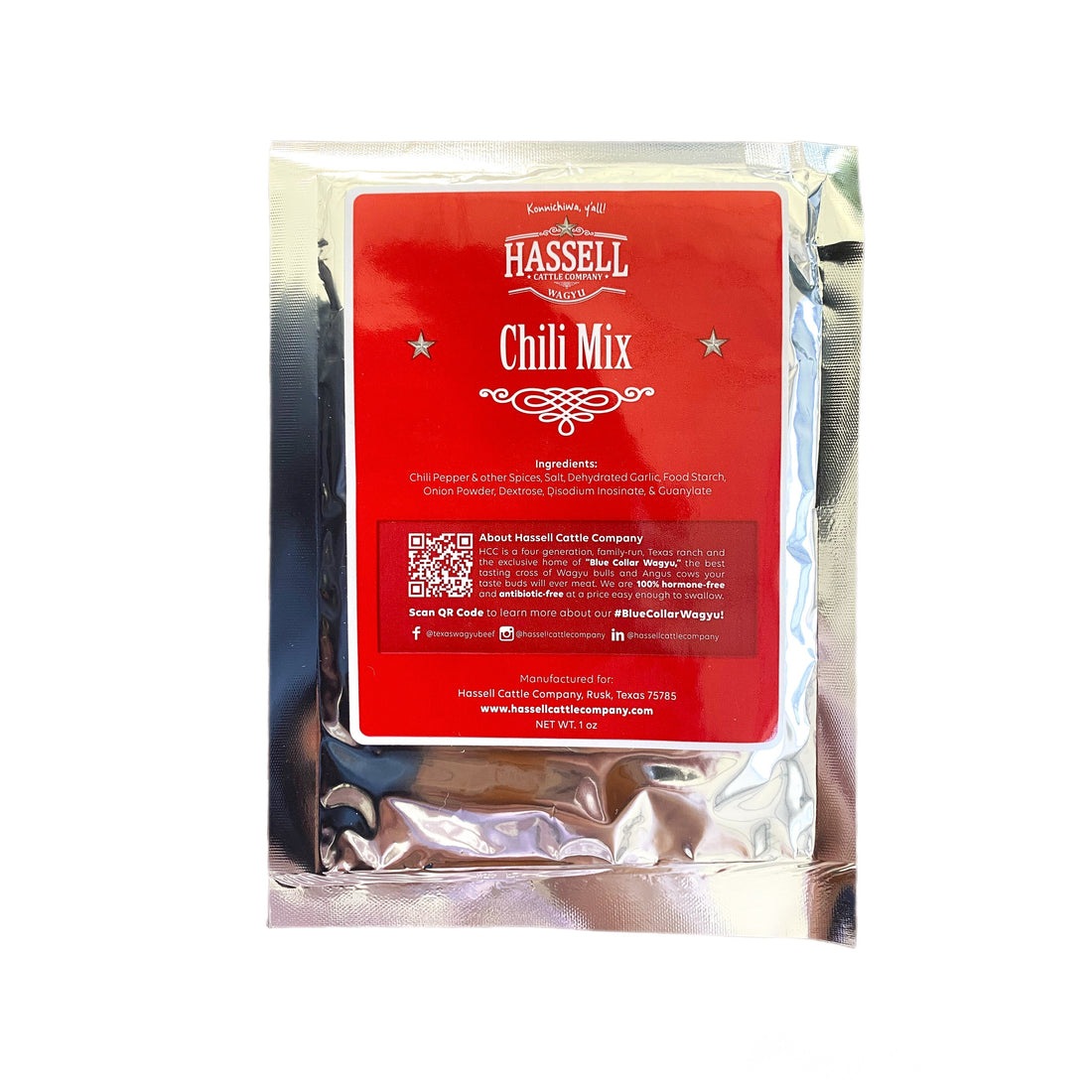Package of Hassell Cattle Company Chili Seasoning, a blend of robust spices crafted for the perfect chili, delivering bold and savory flavor in every bite.