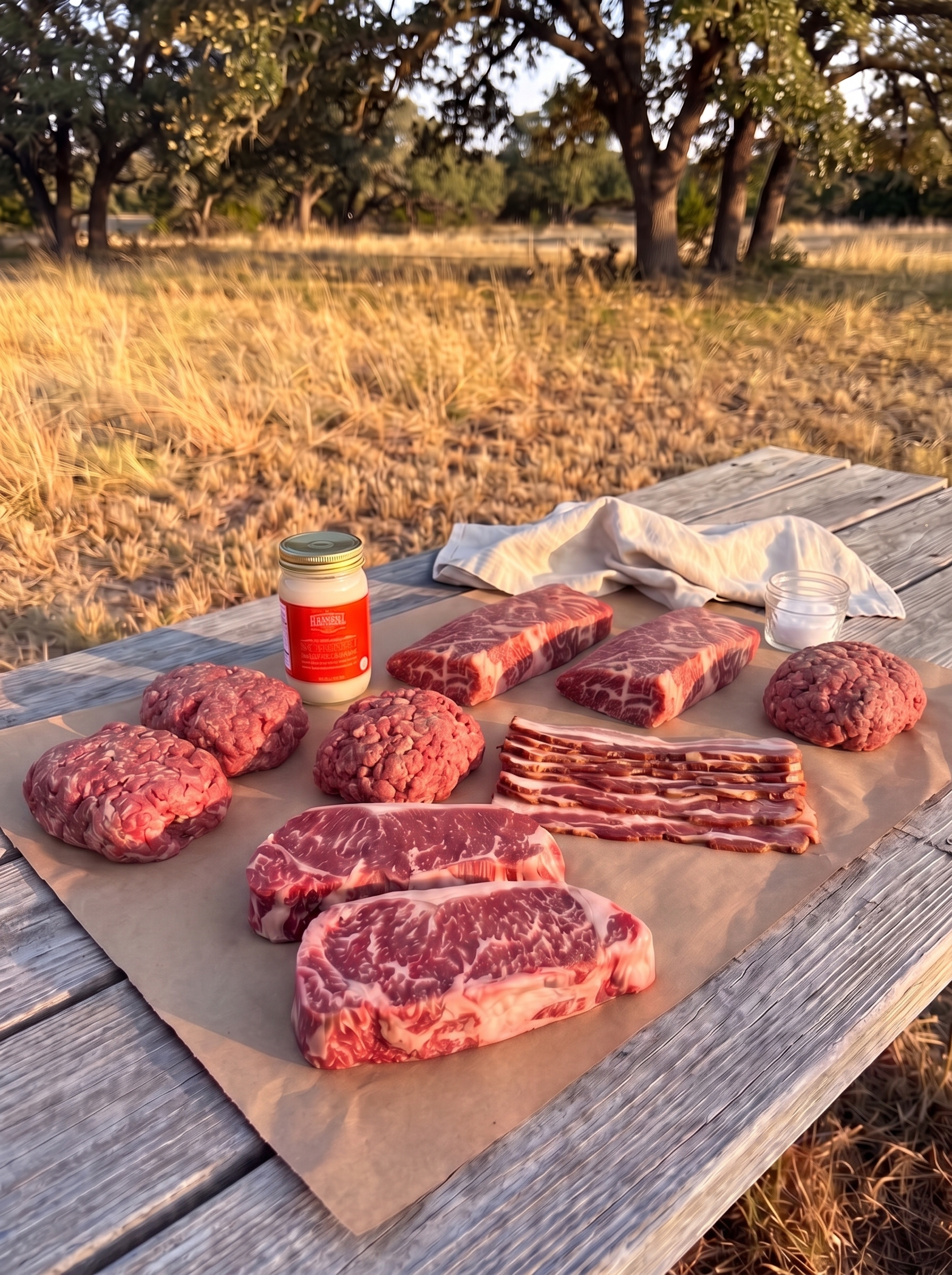 Denver + Strip Flash Pack with Gold New York Strips, Denver steaks, ground Wagyu, beef bacon, and Wagyu beef tallow on a ranch table
