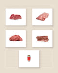 Gold NY Strip, Denver steak, ground Wagyu, Wagyu beef bacon, and Wagyu tallow for the Denver and Strip Grill Pack