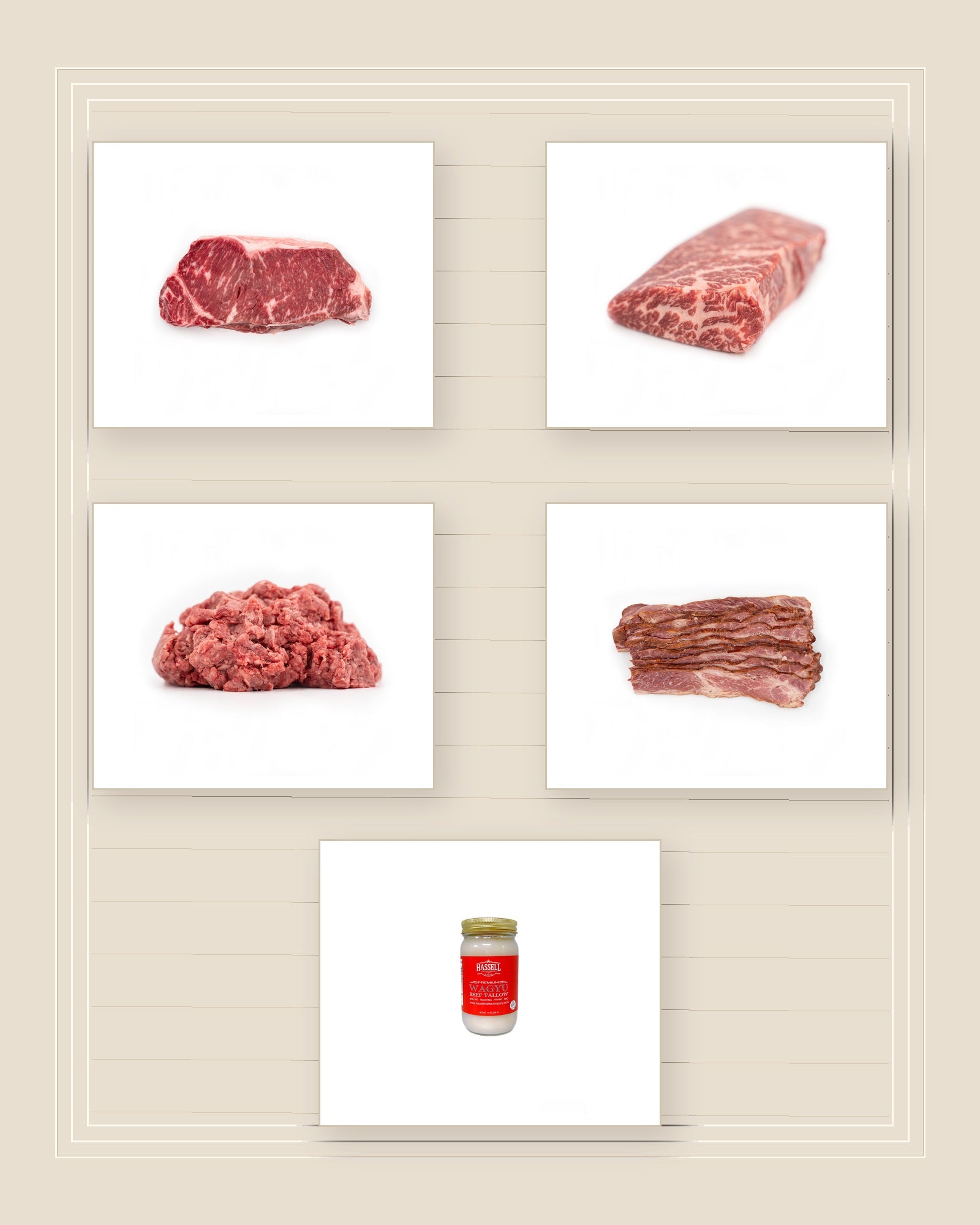 Gold NY Strip, Denver steak, ground Wagyu, Wagyu beef bacon, and Wagyu tallow for the Denver and Strip Grill Pack