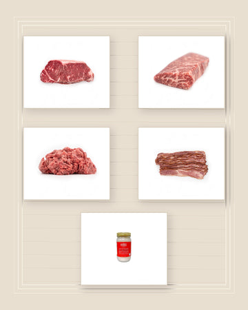 Gold NY Strip, Denver steak, ground Wagyu, Wagyu beef bacon, and Wagyu tallow for the Denver and Strip Grill Pack