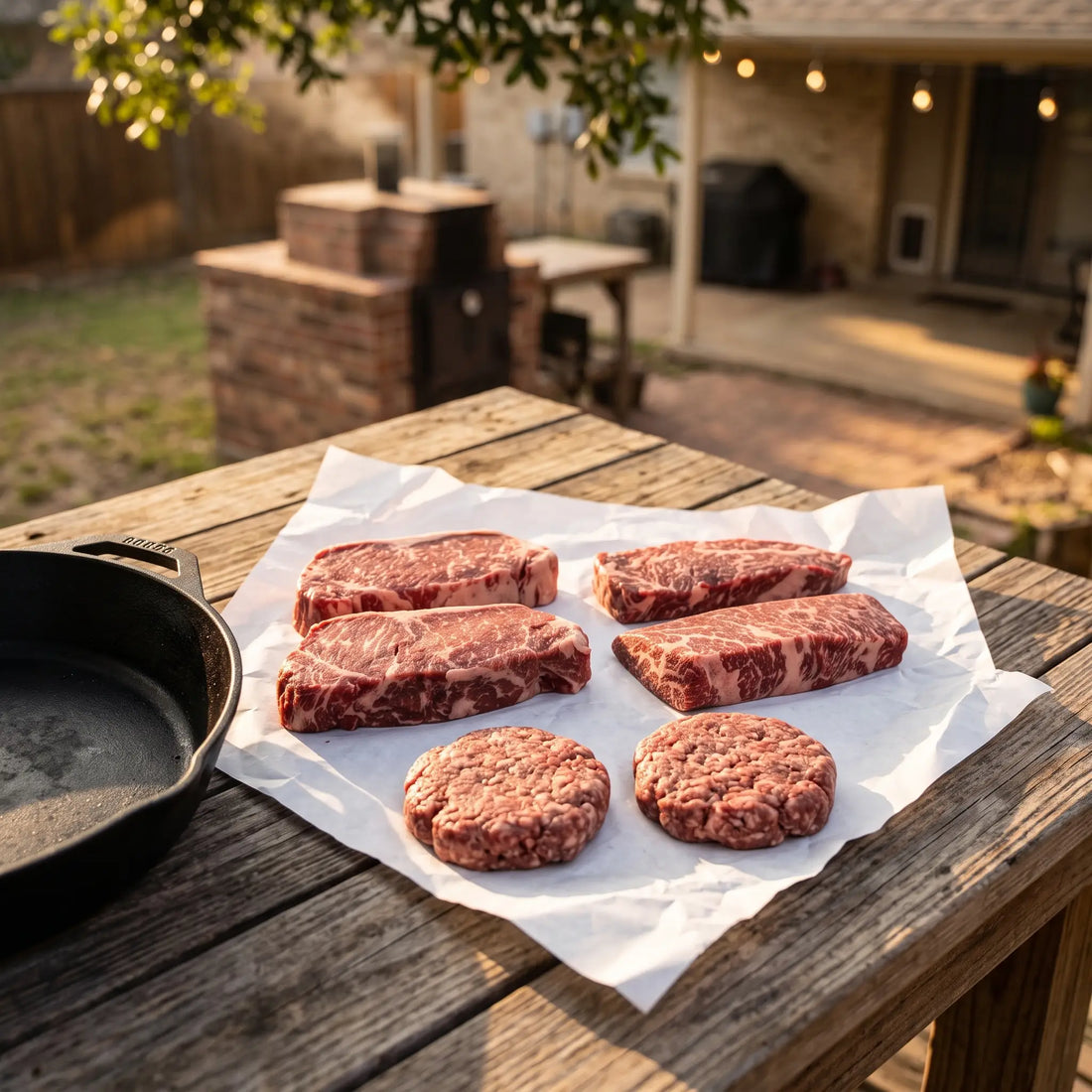 Gold NY Strips, Denver steaks, and Wagyu burger patties on butcher paper for the Denver and Strip Grill Pack