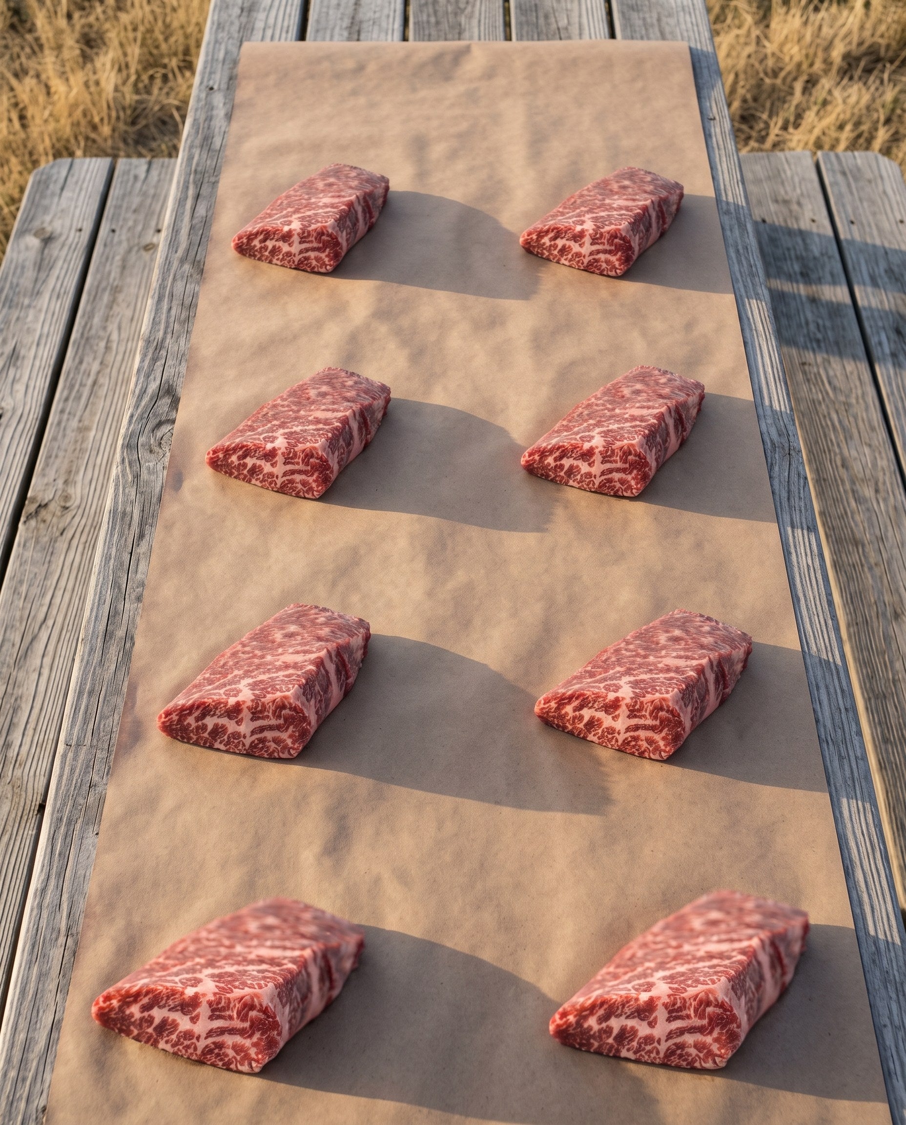 Eight Wagyu Denver steaks on butcher paper on a picnic table