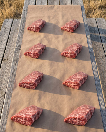 Eight Wagyu Denver steaks on butcher paper on a picnic table