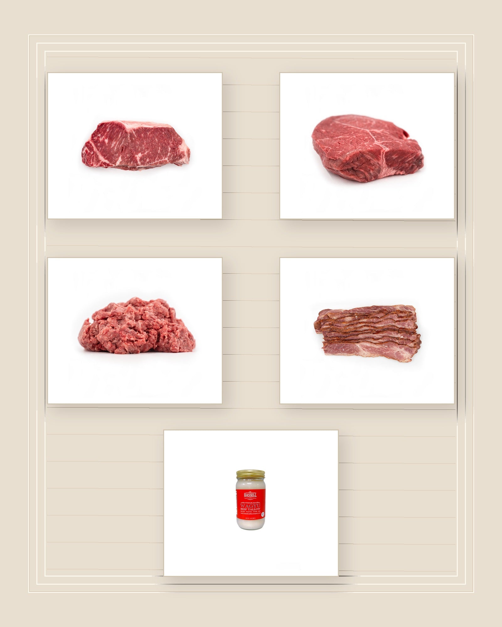 Gold NY Strip, Gold Sirloin, ground Wagyu, Wagyu beef bacon, and Wagyu tallow for the Fourth Grill Table