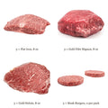 Gold 8 oz Cut Variety Box: 3 Flat Iron, 3 Gold Filet Mignon, 3 Gold Sirloin and 3 packs of Steak Burgers