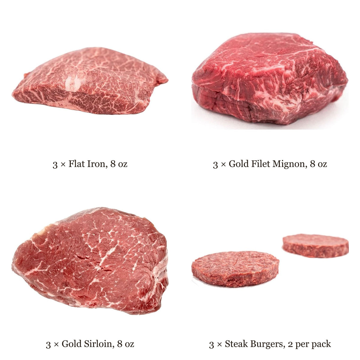 Gold 8 oz Cut Variety Box: 3 Flat Iron, 3 Gold Filet Mignon, 3 Gold Sirloin and 3 packs of Steak Burgers