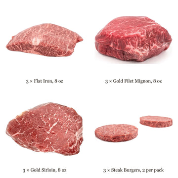 Gold 8 oz Cut Variety Box: 3 Flat Iron, 3 Gold Filet Mignon, 3 Gold Sirloin and 3 packs of Steak Burgers