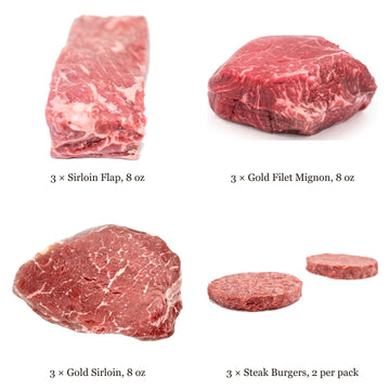 Gold 8 oz Sirloin Variety Box: 3 Sirloin Flap, 3 Gold Filet Mignon, 3 Gold Sirloin and 3 packs of Steak Burgers