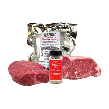Hassell Cattle Company Great American Steakout – a premium selection of 8 sirloin steaks, 2 New York strips, and Hassell Cattle steak seasoning, perfect for grilling.