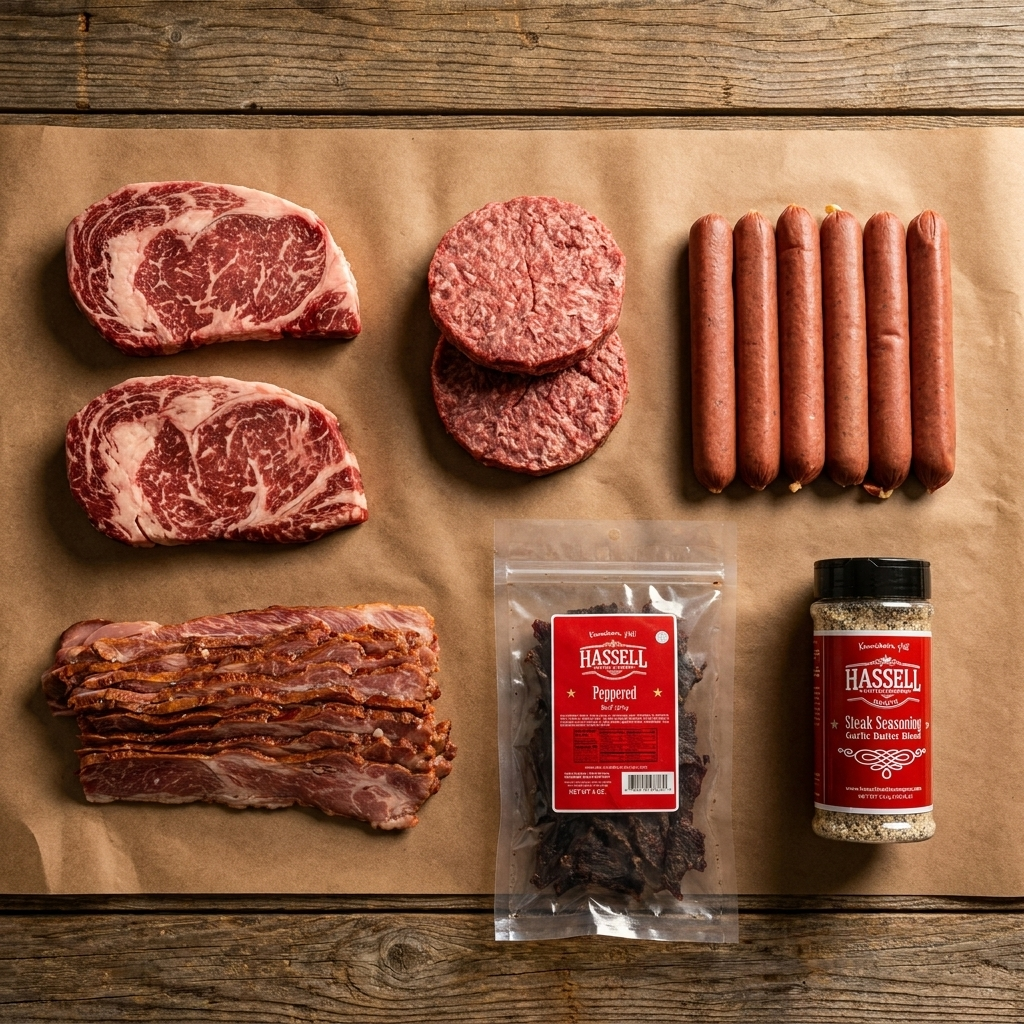 THE COOKOUT BOX — Wagyu ribeyes, patties, beef franks, bacon, branded Hassell jerky and Garlic Butter seasoning on butcher paper