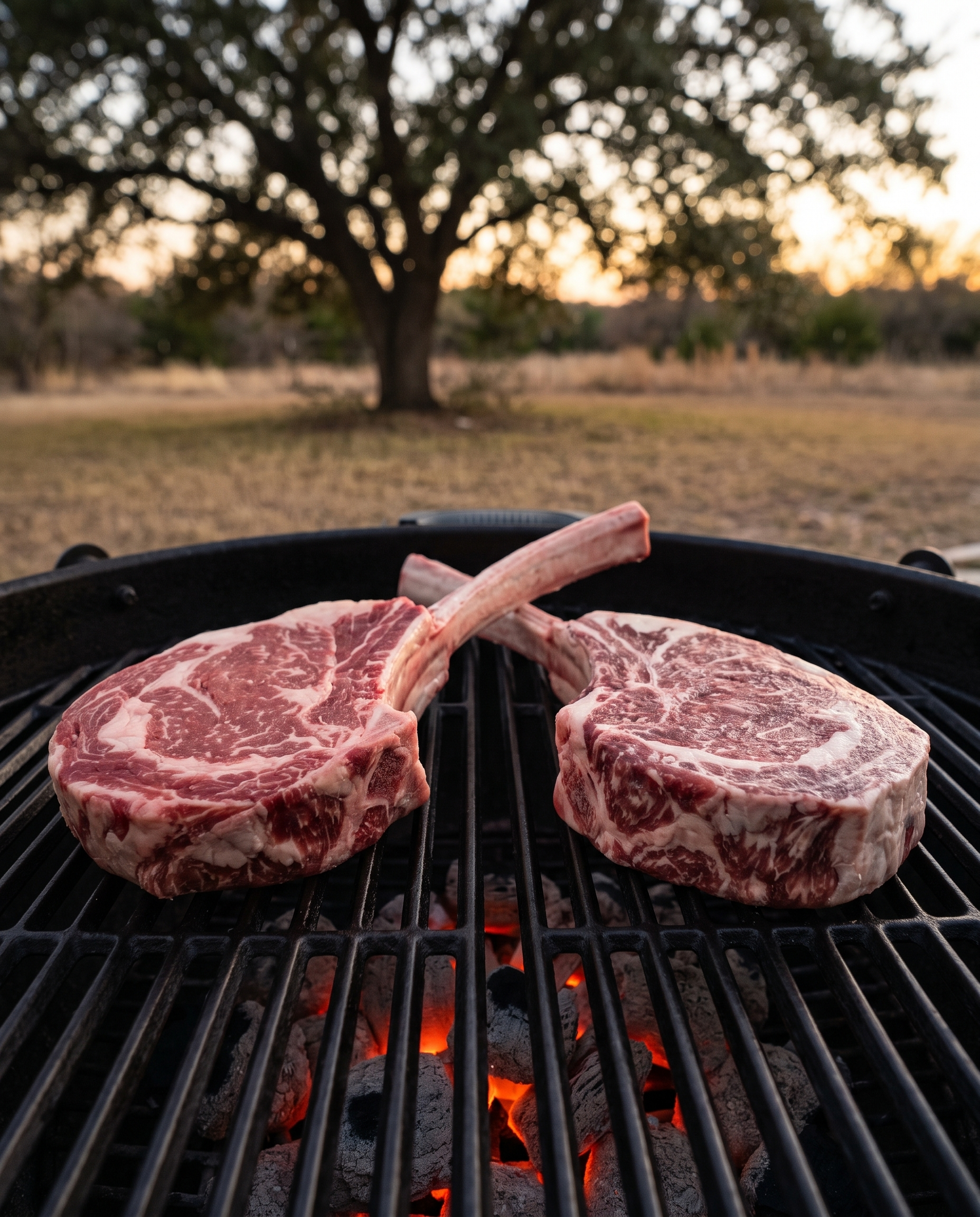 Two raw Hassell Gold Tomahawk steaks on a charcoal grill grate at dusk