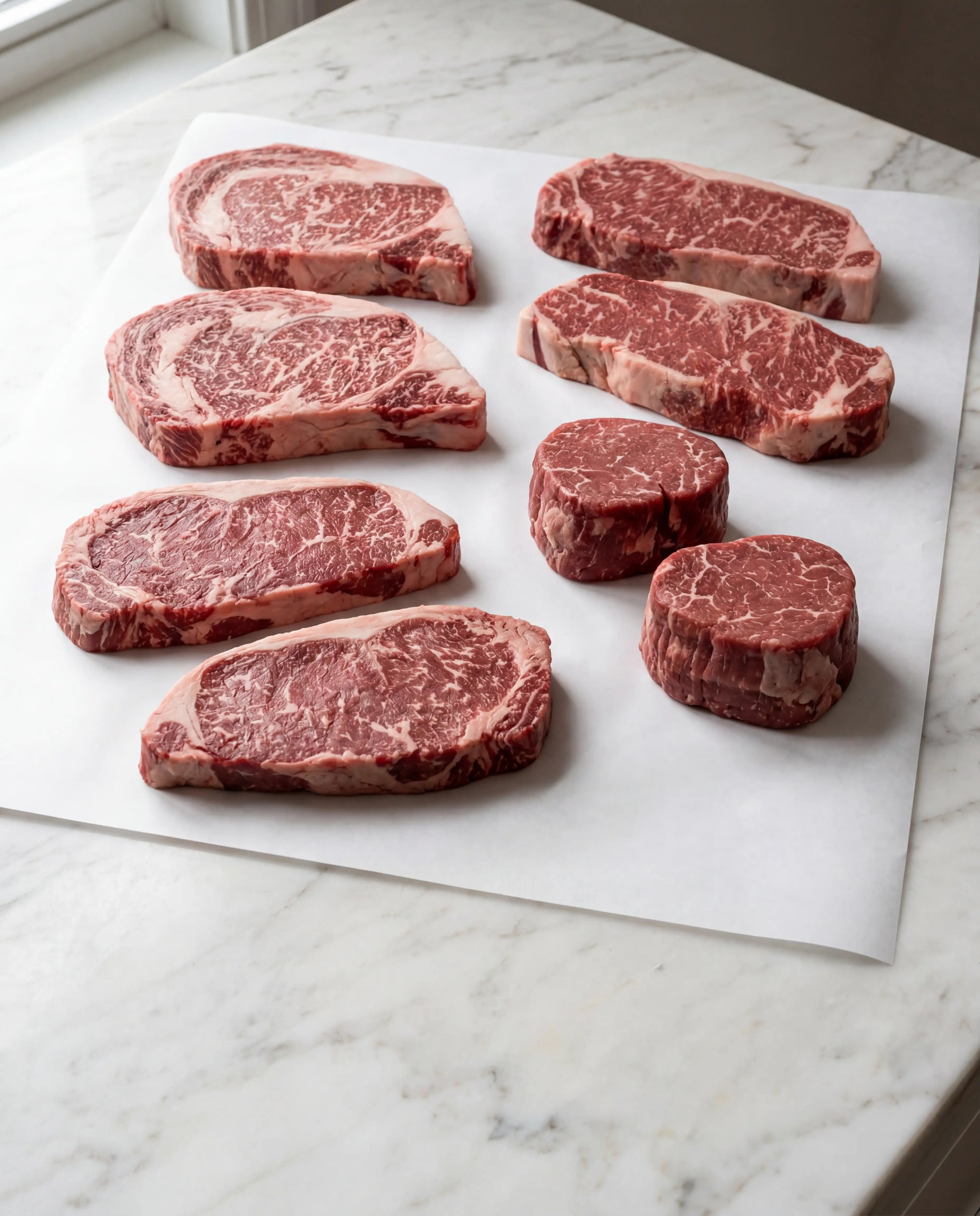 Gold Steakhouse Eight raw Gold Wagyu steaks on butcher paper from Hassell Cattle Company