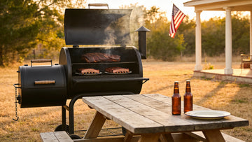 Memorial Day Backyard Reserve - offset smoker with brisket and short ribs on the grates, golden hour Texas backyard