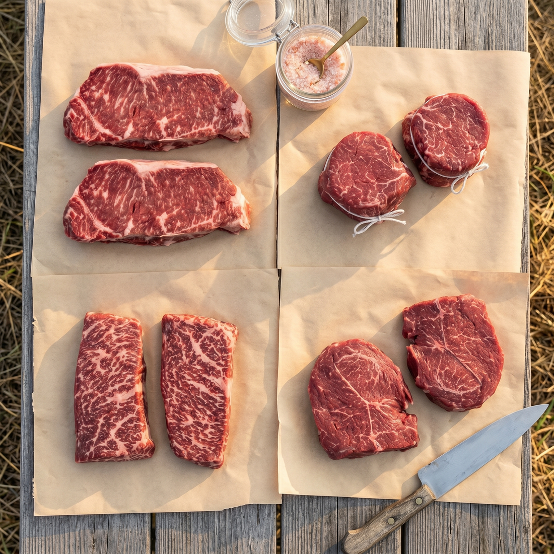 Backyard Steakhouse Eight Wagyu bundle — 8 steaks across NY Strip Gold, Filet Mignon Gold, Denver, and Sirloin Gold, arranged on butcher paper at golden hour.