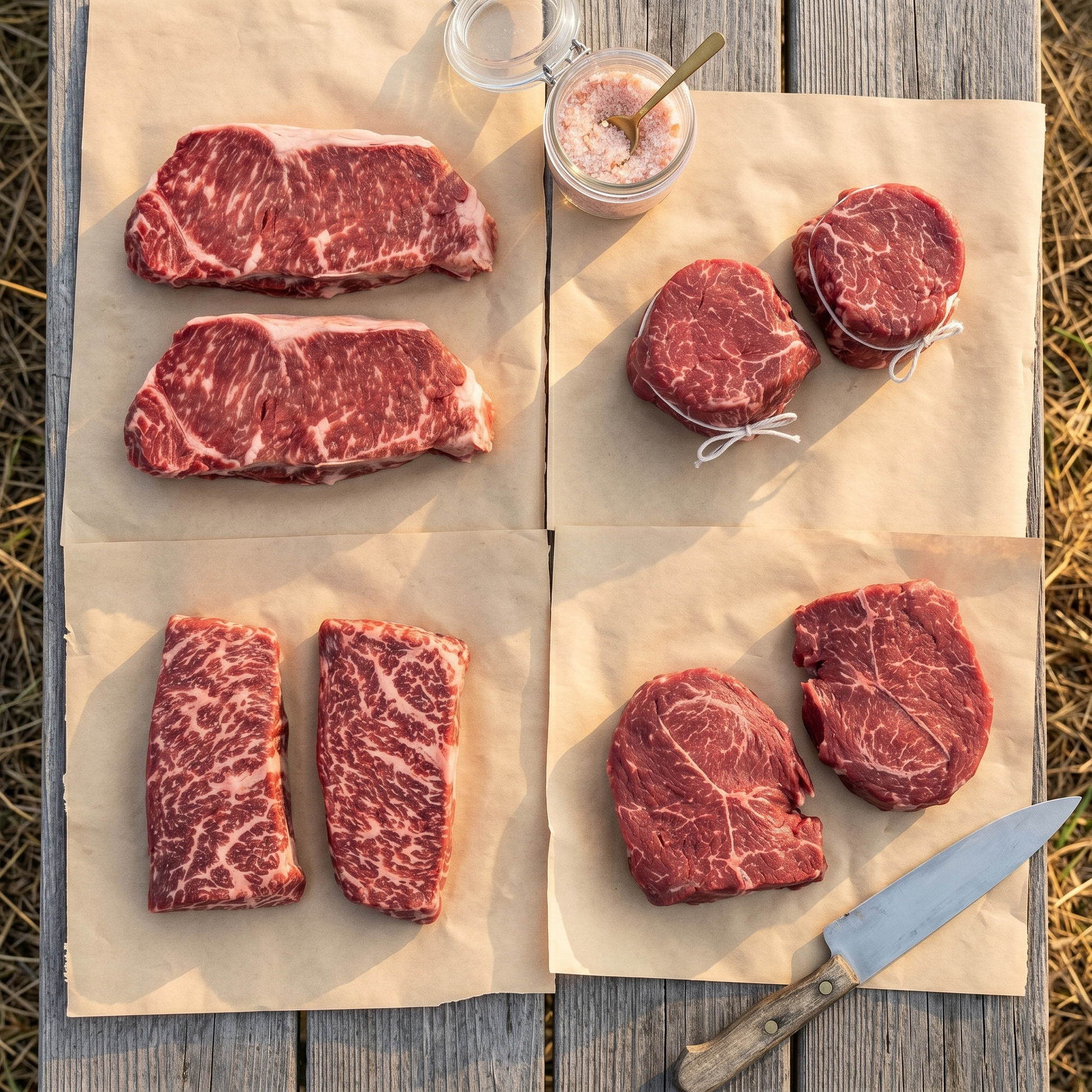 Backyard Steakhouse Eight Wagyu bundle — 8 steaks across NY Strip Gold, Filet Mignon Gold, Denver, and Sirloin Gold, arranged on butcher paper at golden hour.