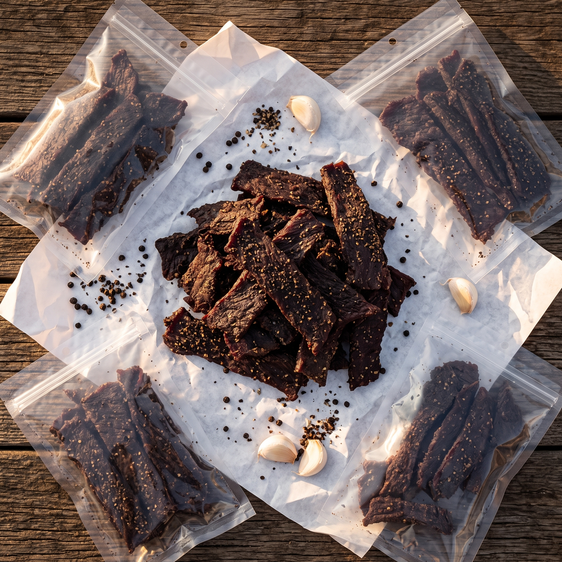 Pile of peppered Hassell Wagyu jerky with clear 4 oz bags on a ranch table