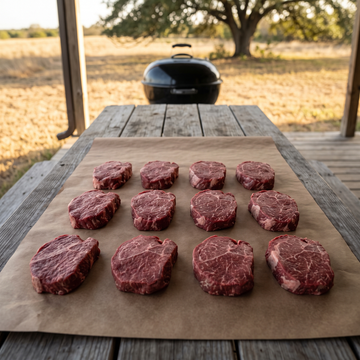 Twelve Hassell Gold Wagyu top sirloin steaks laid out on butcher paper on a Texas back porch, grill behind
