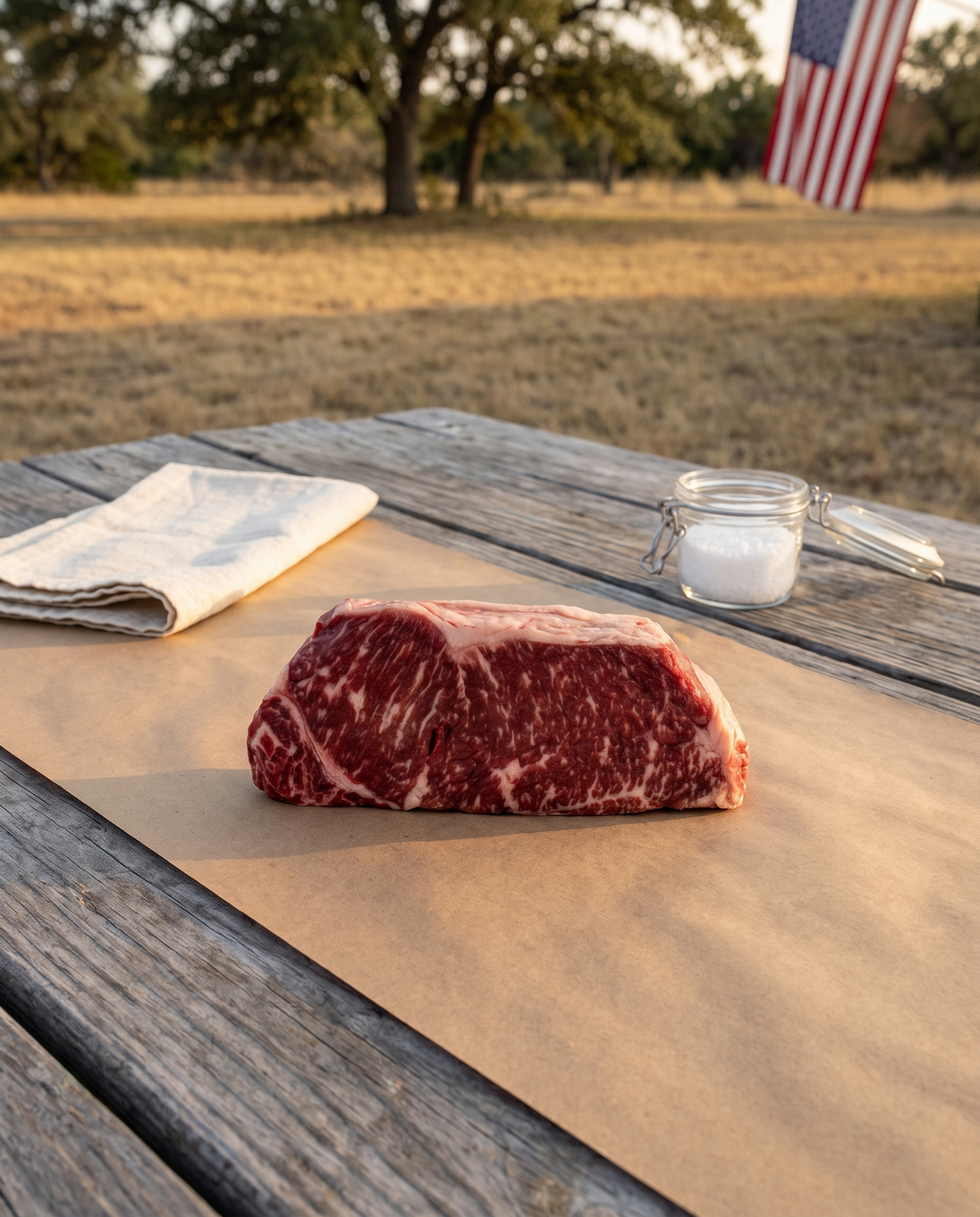 Gold NY Strip on butcher paper at a Texas backyard table for the Two Gold Strip Upgrade