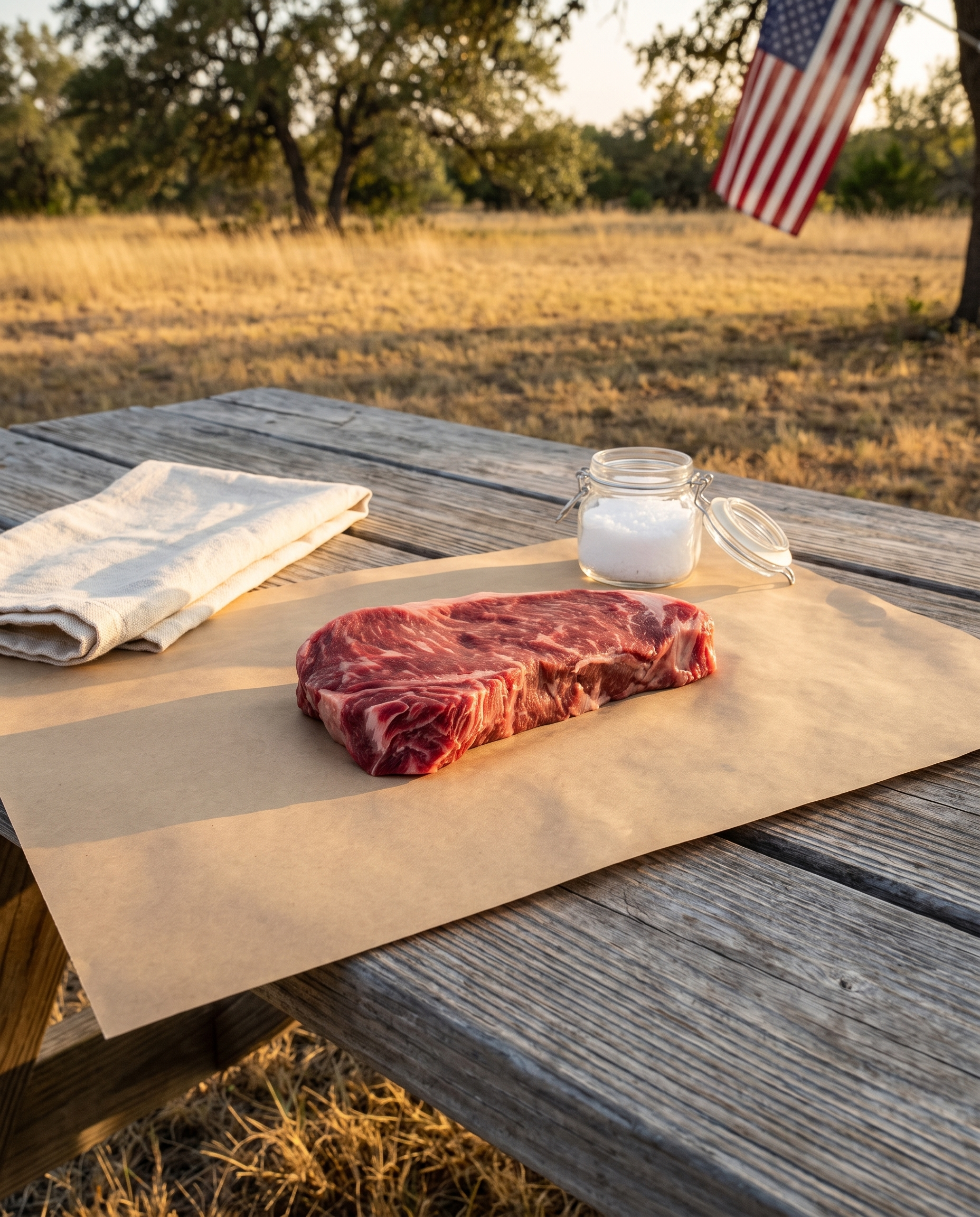 Premium NY Strip on butcher paper at a Texas backyard table for the Premium Cast-Iron Table