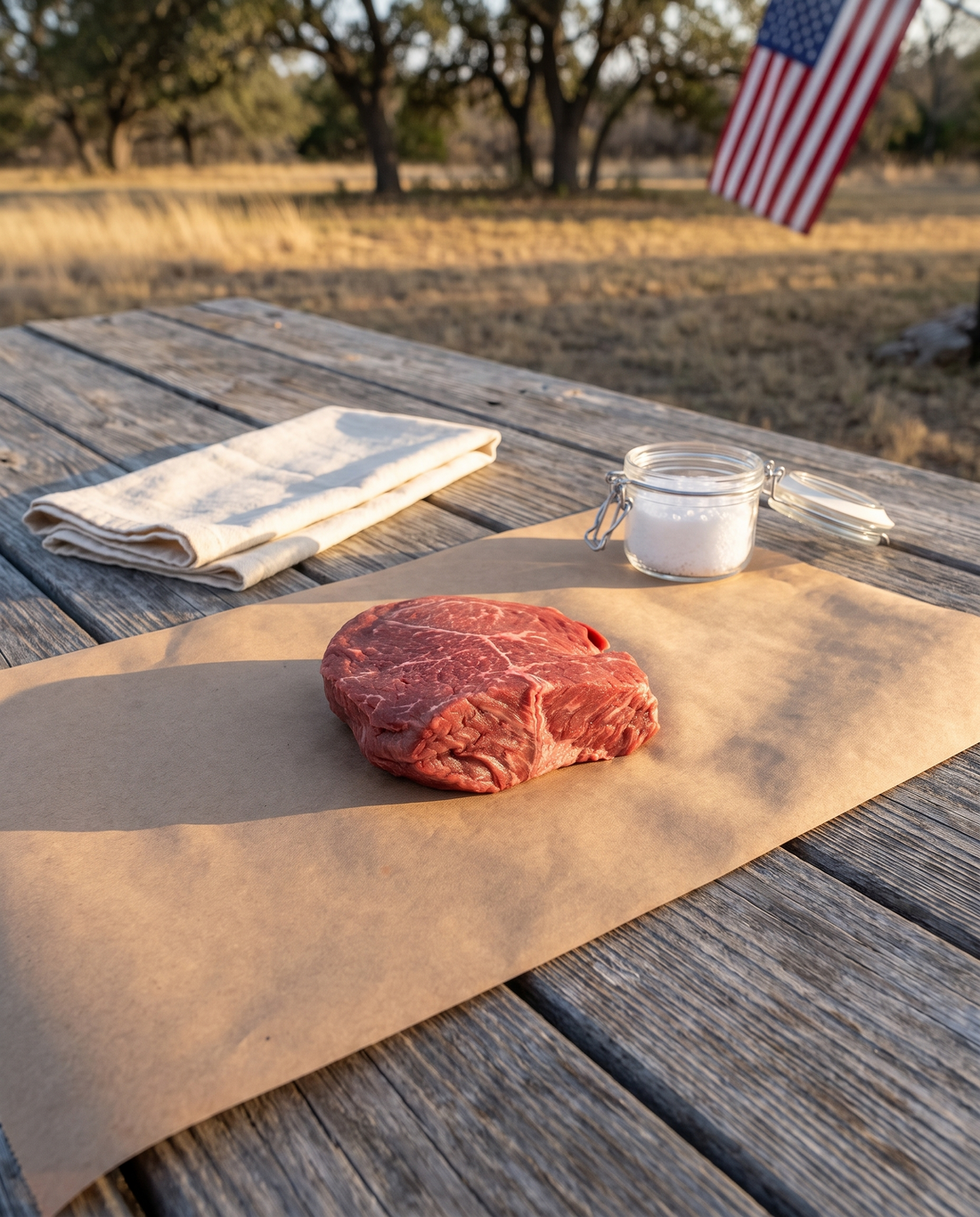 Gold Sirloin on butcher paper at a Texas backyard table for the Two Gold Sirloin Finish