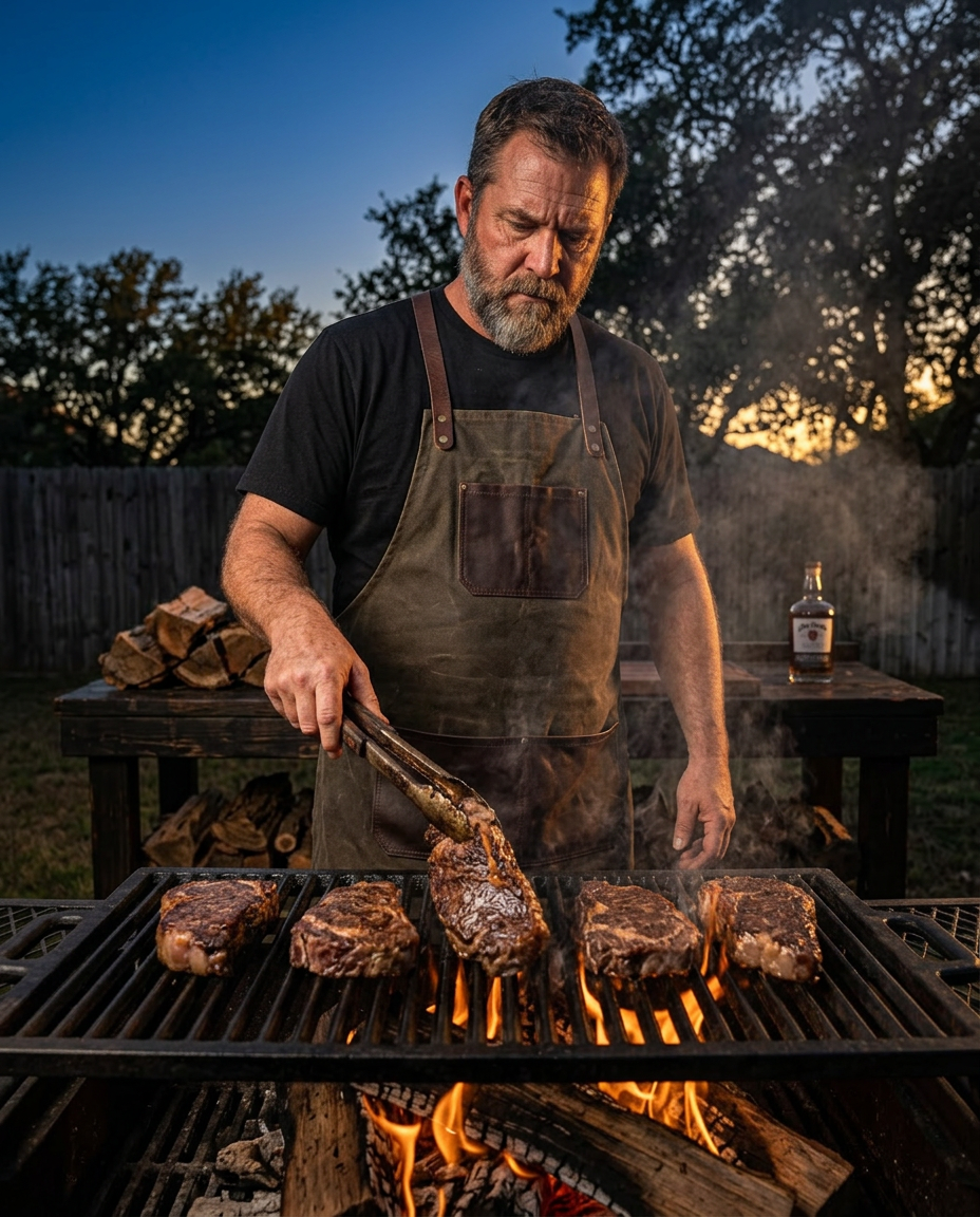 Serious barbecue lifestyle image featuring New York strips on the grill.