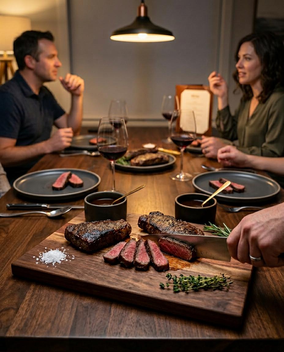Steakhouse at home lifestyle image using New York strips in a premium dinner setting.