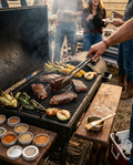 Weekend cookout lifestyle image featuring New York strips and barbecue atmosphere.