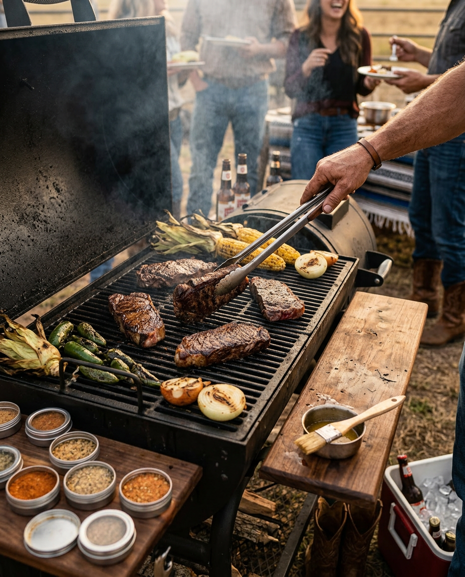 Weekend cookout lifestyle image featuring New York strips and barbecue atmosphere.
