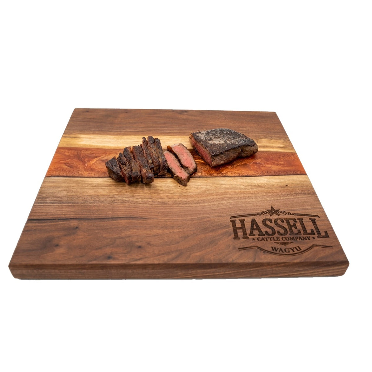 Sliced Wagyu New York strip on the Hassell Cattle Company board