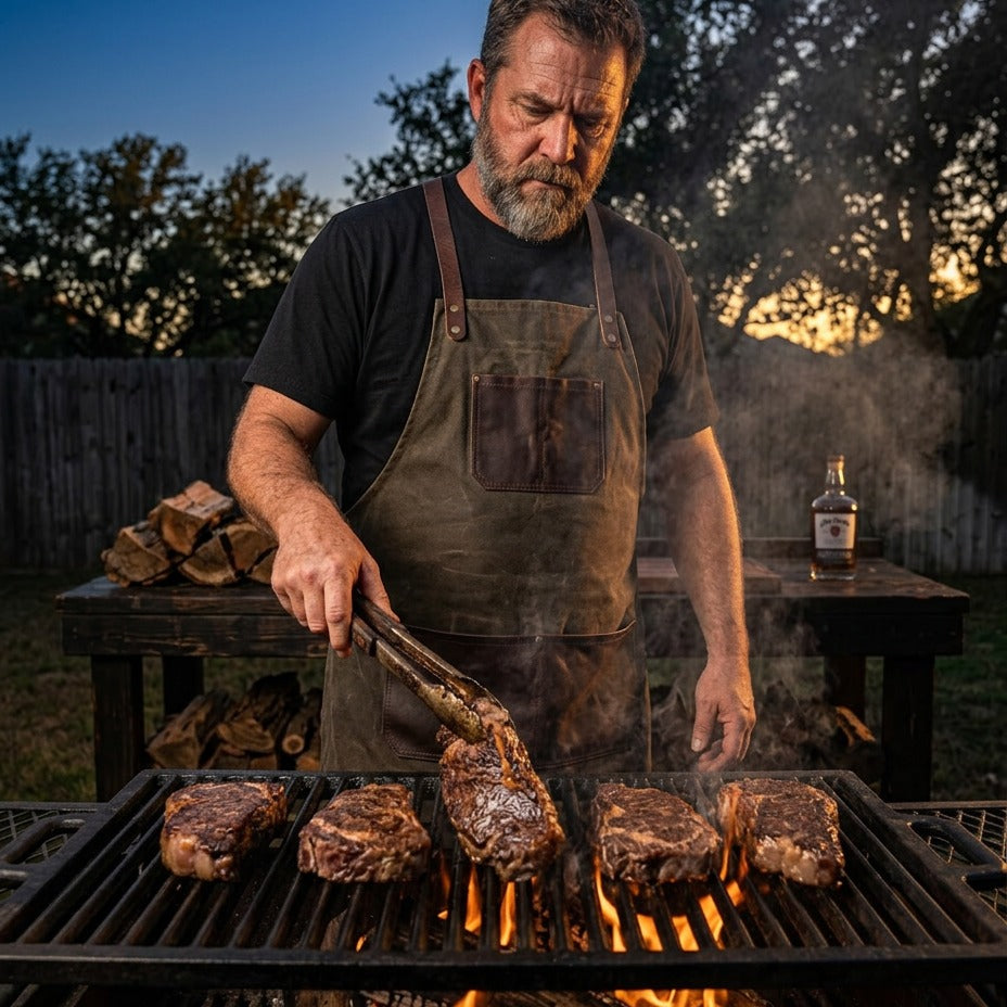 Serious barbecue lifestyle image featuring New York strips on the grill.