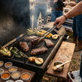 Weekend cookout lifestyle image featuring New York strips and barbecue atmosphere.