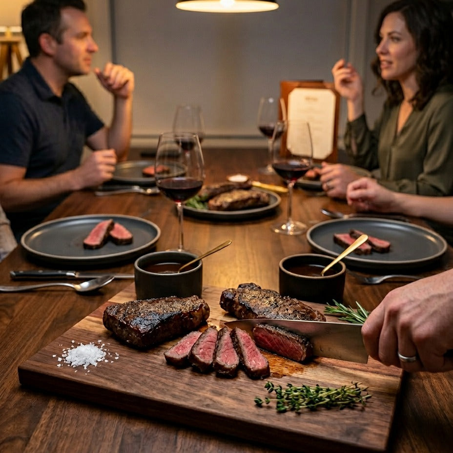 Steakhouse at home lifestyle image using New York strips in a premium dinner setting.