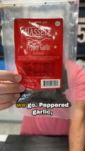 Hassell Wagyu jerky bag shown on a live show