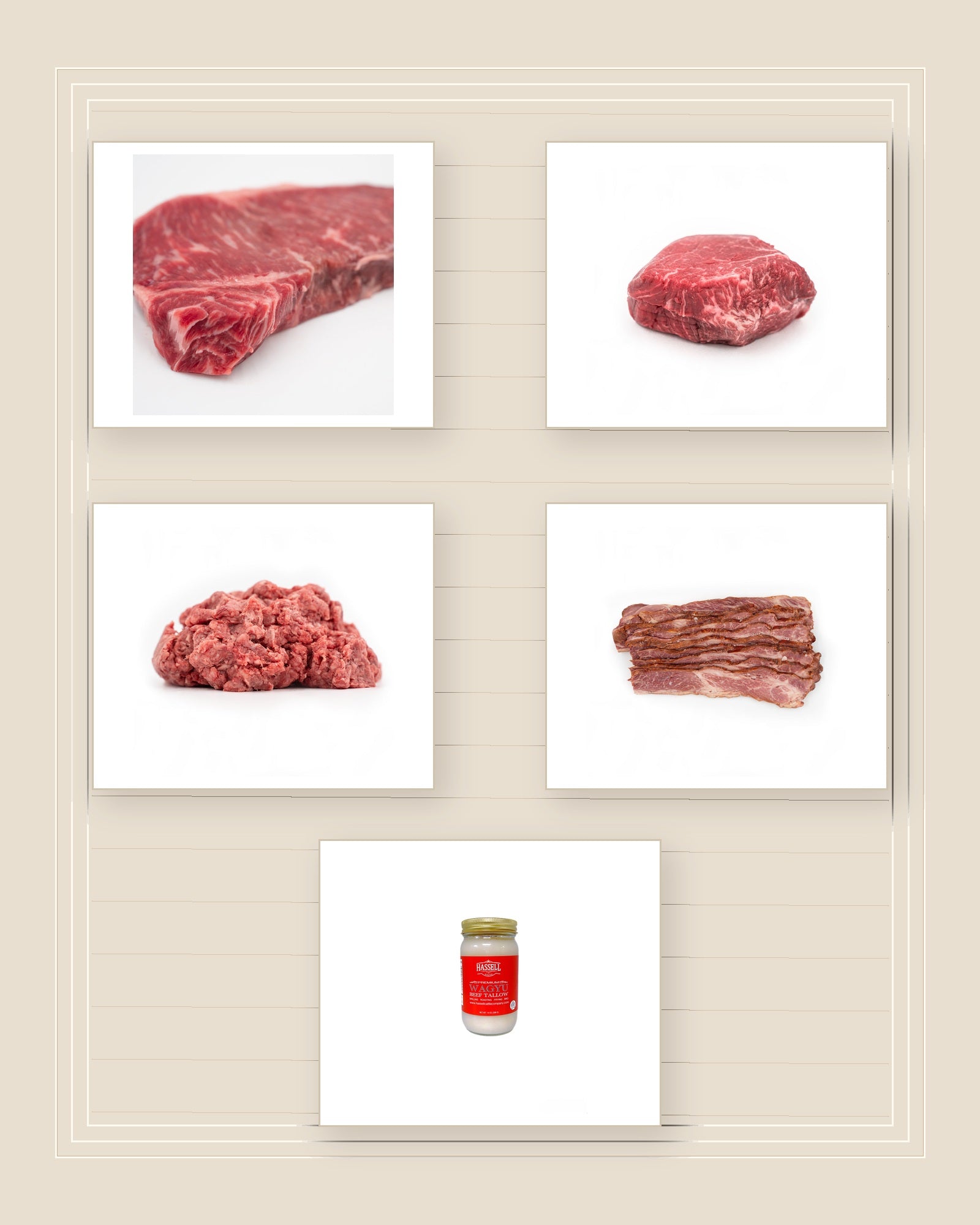 Premium NY Strip, Gold Filet, ground Wagyu, Wagyu beef bacon, and Wagyu tallow for the Reserve Steakhouse Table