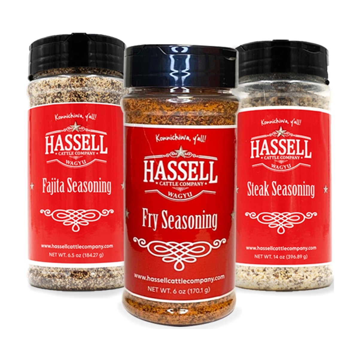 A collection of premium seasonings from Hassell Cattle Company, perfect for adding flavor to your favorite meats, from steaks to burgers and more.